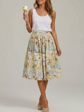 Vintage 1970s Oxford Square Midi-length Pleated Circle Skirt Boozy Print Size S